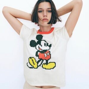 Zara x Disney White Embroidered Mickey Tee with Red Trim
